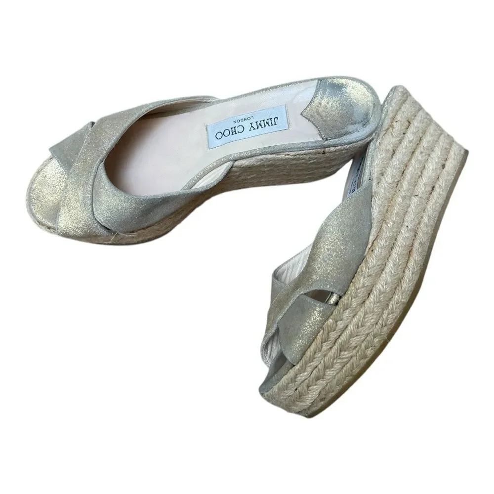 Jimmy Choo Gold Shimmer Espadrille Wedge Sandals Crisscross Women’s Size 39 8.5